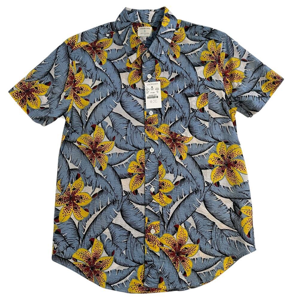 NWT Crewcuts Tropical Short Sleeve Button Down Blue Gold Boys 12